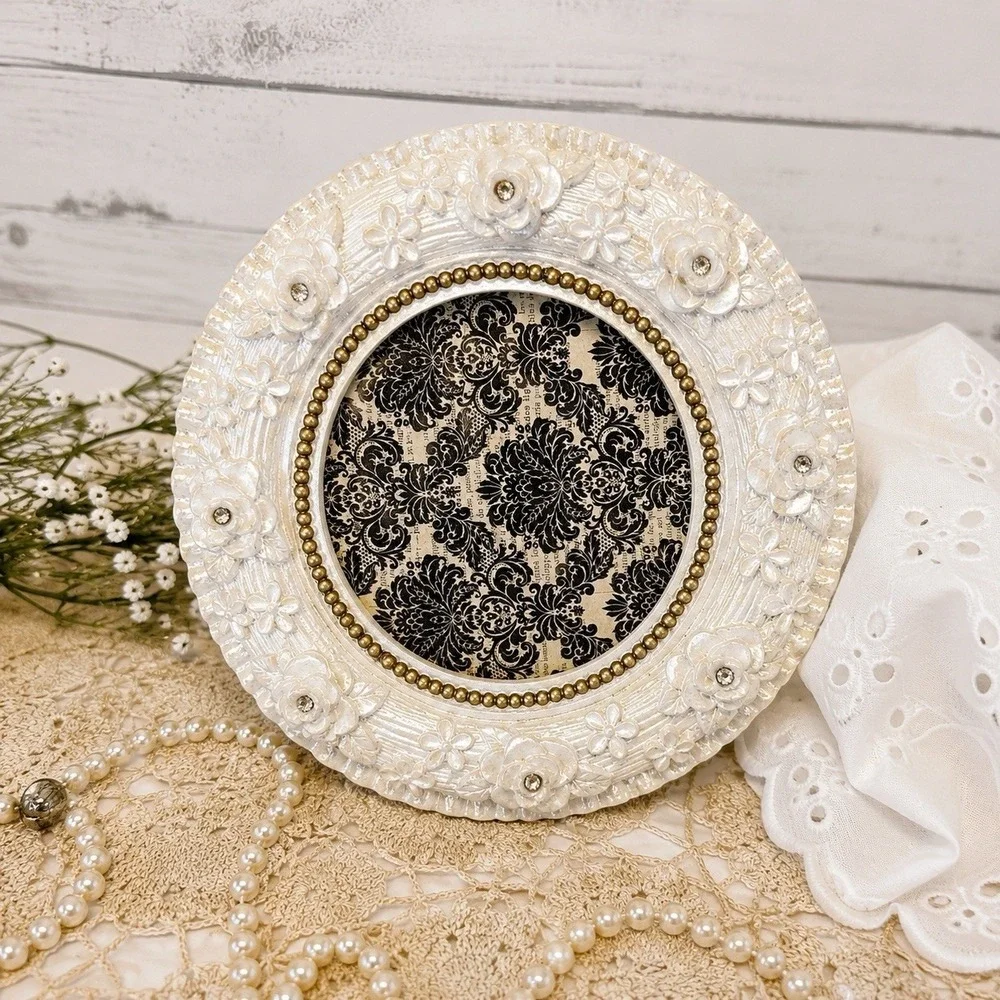 Vtg Style White Floral Round Picture Frame Cottage Decor Rhinestone Gold Accents